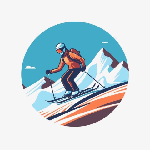 Skiing in mountains. Skier on piste. Vector illustration