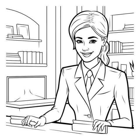 Businesswoman in the office. Black and white vector illustration