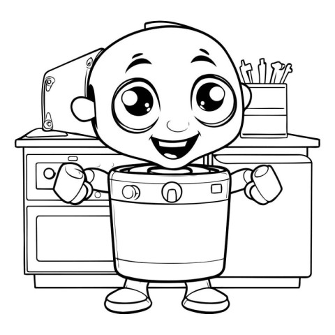 Coloring book for children: baby boy playing in the kitchen with