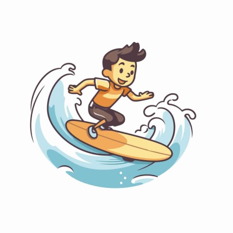 Vector illustration of a man surfing on a wave. Cartoon style.