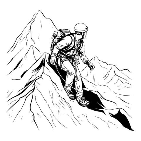 Hiker on the mountain. Vector illustration in black and white co