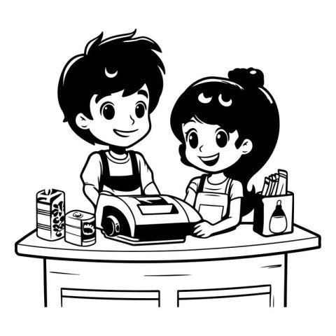 Cute boy and girl at the cash register. Black and white vector i