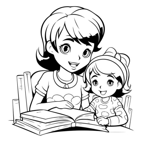 Black and White Cartoon Illustration of Little Girl Reading a Bo