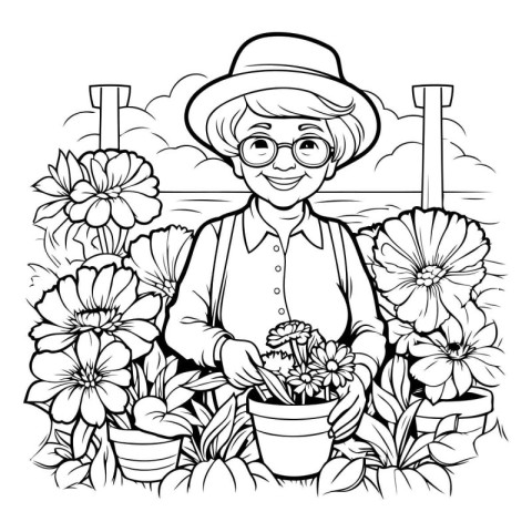 Outline of a woman gardener holding a flower pot and smiling