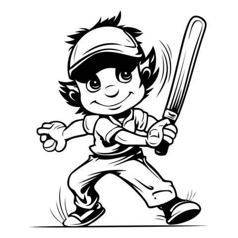 Angry Boy Baseball Player - Black and White Vector Illustration.