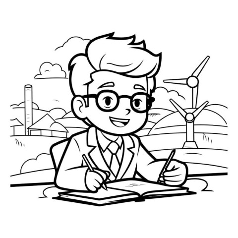 Black and White Cartoon Illustration of Young Businessman Charac