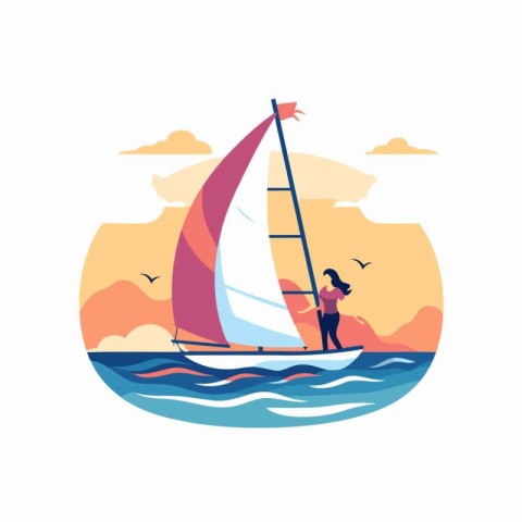 Sailing on the sea. Flat style vector illustration on white back