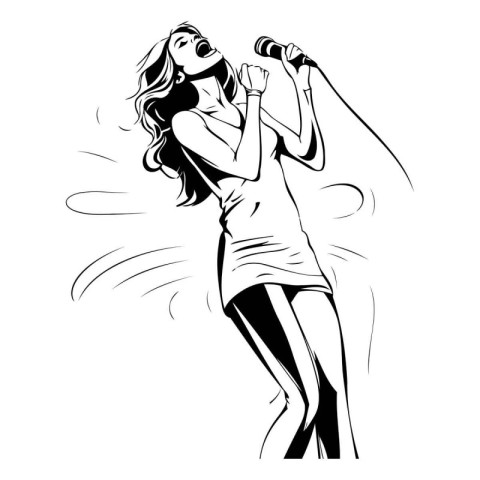 Singer girl with a microphone. Vector illustration. Black and wh