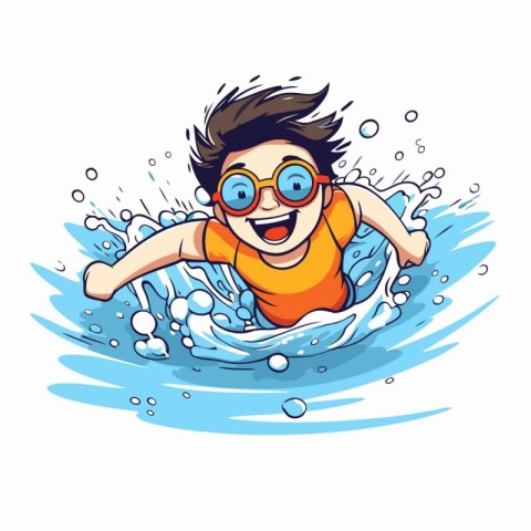 Cartoon boy swimming in the sea. Vector illustration isolated on