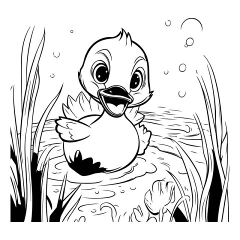 Black and White Cartoon Illustration of Cute Little Duckling for