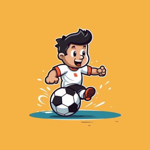 Cartoon soccer player kicking the ball isolated on orange backgr