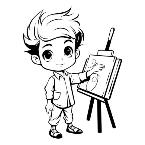 cute little boy painting on easel - black and white vector illus