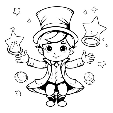 Cute cartoon magician. Black and white vector illustration for c