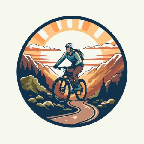 Mountain biker riding on road in the mountains. Vector illustrat