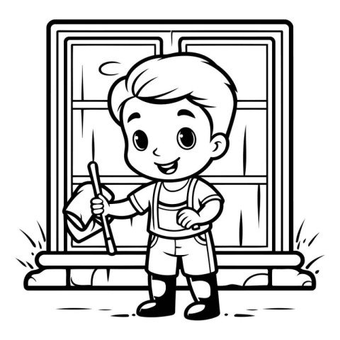 Boy Cleaning Window - Black and White Cartoon Illustration. Vect