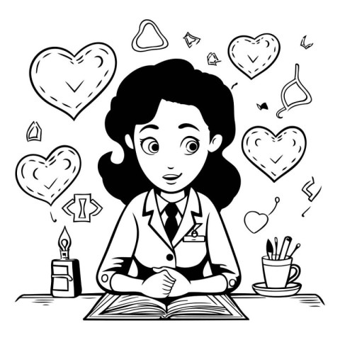 Cartoon illustration of a young woman reading a book with hearts