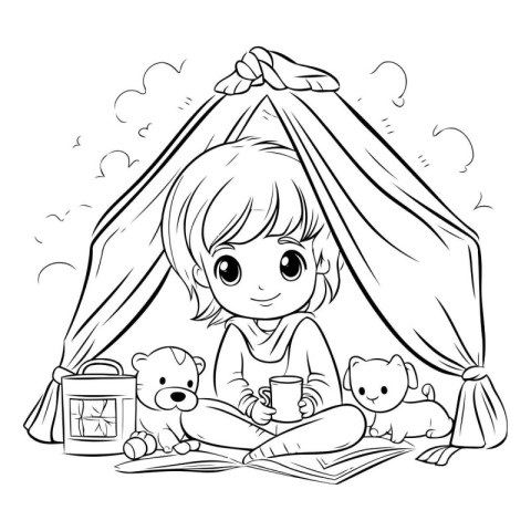 Cute little girl reading a book in her tent. Black and white vec