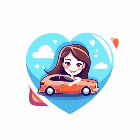 Cute girl driving a car in the shape of a heart vector Illustrat