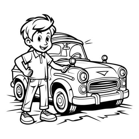 Boy Driving a Retro Car - Black and White Cartoon Illustration.