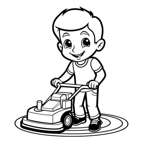 Black and White Cartoon Illustration of Little Boy Playing Toy C