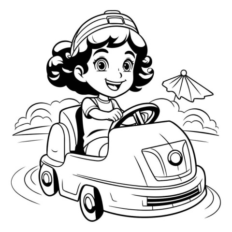 Black and White Cartoon Illustration of Little Girl Driving a To