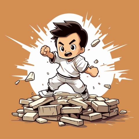 Cartoon illustration of a man in a karate pose. Vector illustrat