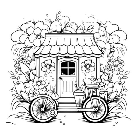 Hand drawn vector illustration of a flower shop with a cart and