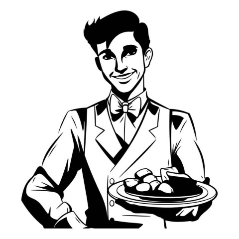 waiter with a tray of olives. black and white vector illustratio