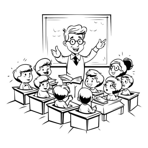 Teacher and pupils in classroom. Black and white vector illustra