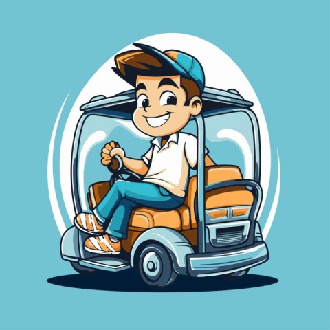 Cartoon illustration of a boy driving a golf cart on a blue back