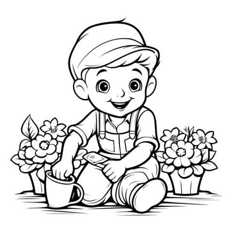 Cute Boy Gardener - Black and White Cartoon Illustration. Vector