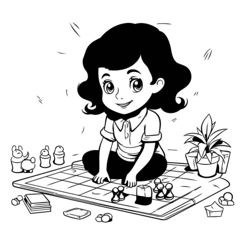 Girl playing chess. black and white vector illustration for colo