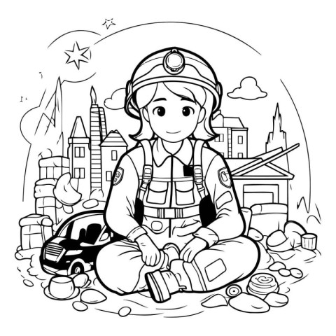 Coloring Page Outline Of a Girl firefighter on the background of