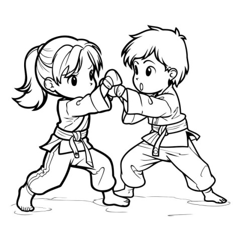 Boy and girl fighting - black and white vector illustration for