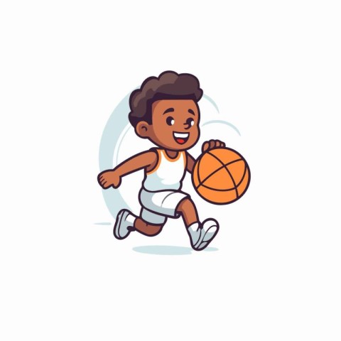 Cute African American boy playing basketball. Vector illustratio