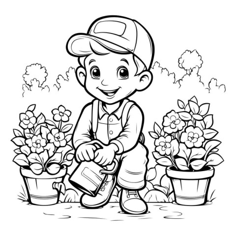 Cute little gardener boy watering flowers in the garden. Vector