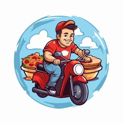 Cartoon delivery man on scooter delivering pizza. Vector illustr