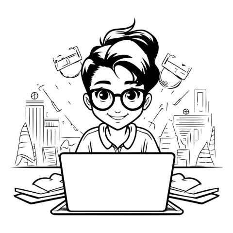 Black and White Cartoon Illustration of Girl Student with Laptop