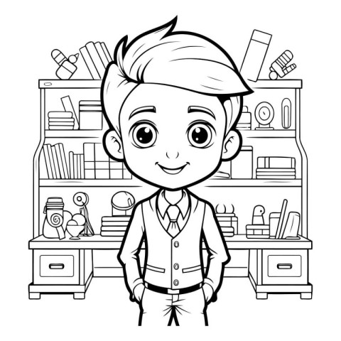 Cute boy standing in the library. Black and white vector illustr