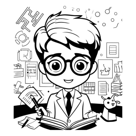 School boy with glasses and books. Vector illustration in black