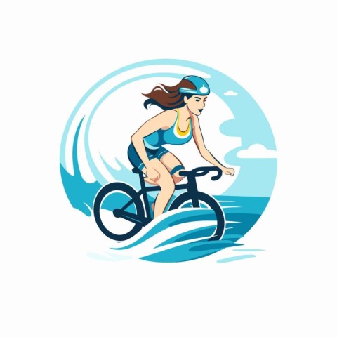 Cyclist woman on a bike rides on the waves. Vector illustration.