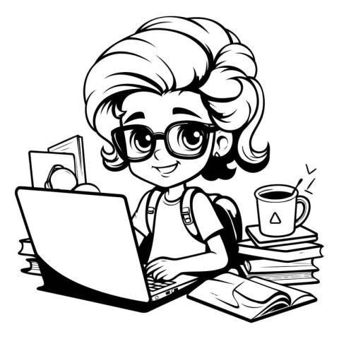 Cute Girl Student Studying with Laptop - Black and White Cartoon