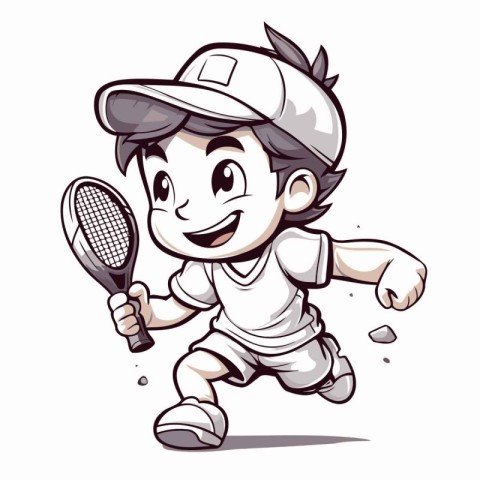 Cartoon boy playing tennis. Vector illustration of a boy playing