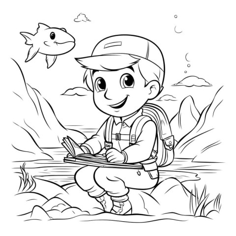 Black and White Cartoon Illustration of Kid Boy Hiking or Campin