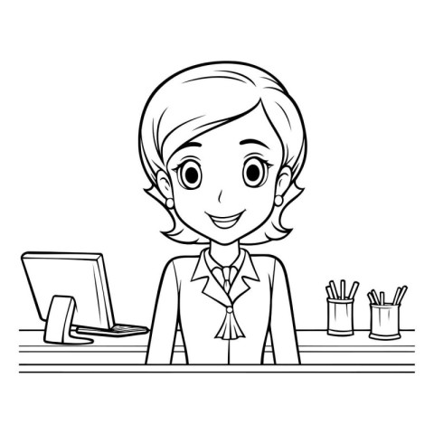 Line art illustration of a businesswoman working at her desk. Co