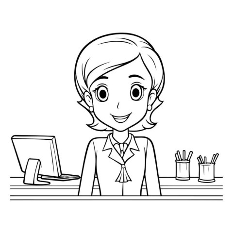 Line art illustration of a businesswoman working at her desk. Co