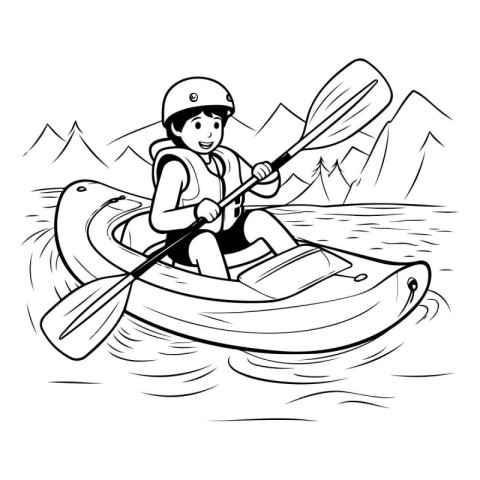 Cute boy paddling in a kayak. Vector illustration.