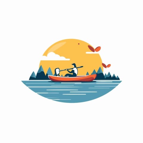 Kayaking on the river. Flat style vector illustration on white b