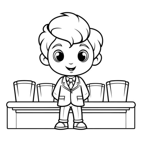 Cute little boy sitting at the table. Black and white vector ill