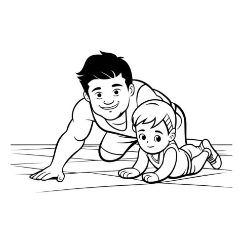 Father and son doing push-ups on the floor. Vector illustration